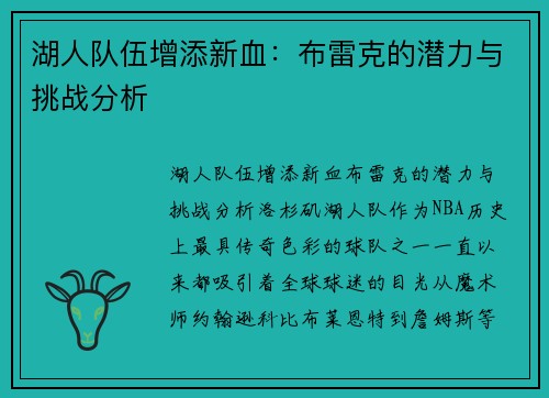 湖人队伍增添新血：布雷克的潜力与挑战分析