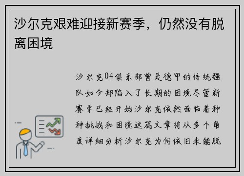沙尔克艰难迎接新赛季，仍然没有脱离困境