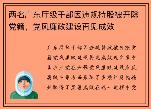 两名广东厅级干部因违规持股被开除党籍，党风廉政建设再见成效