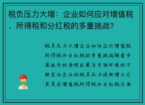 税负压力大增：企业如何应对增值税、所得税和分红税的多重挑战？