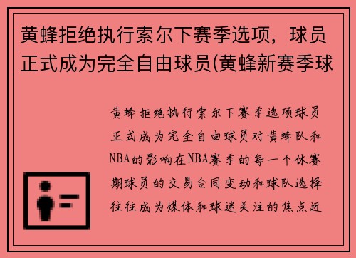 黄蜂拒绝执行索尔下赛季选项，球员正式成为完全自由球员(黄蜂新赛季球衣)